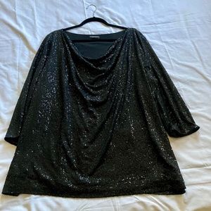 Eileen Fisher 2X  Stretch Sequin Silk Drape-neck Top black